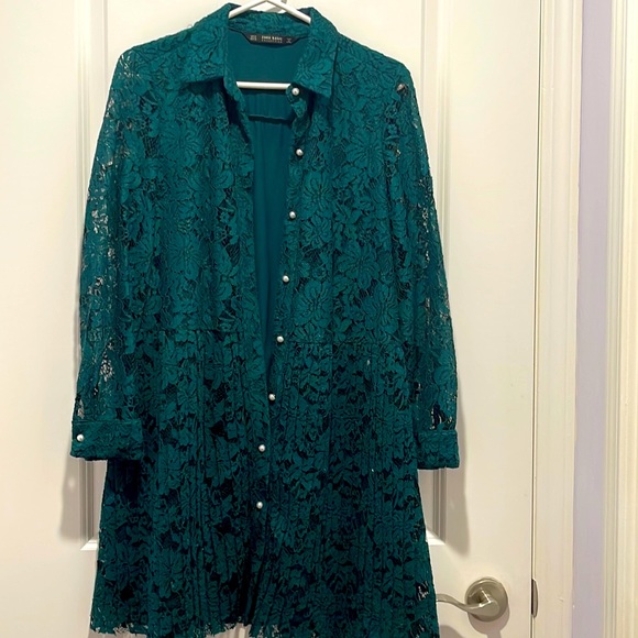 Vintage Solid Green Lace Pleated Dress - Picture 1 of 4